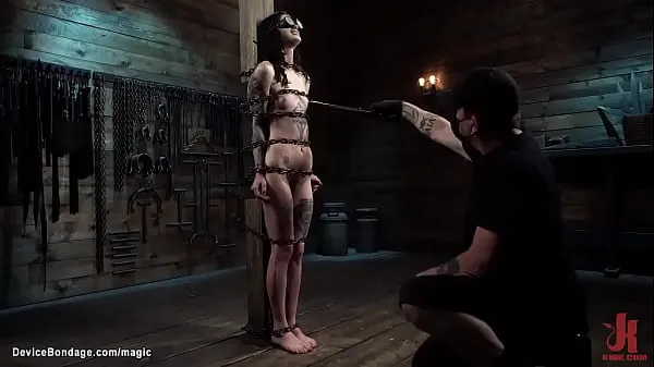 HD Bound in metal device laid on the wooden floor tattooed slave Lydia Black gets vibrated and face fucked with dildo then in pile driver pussy fucked by master The Pope energy Movies